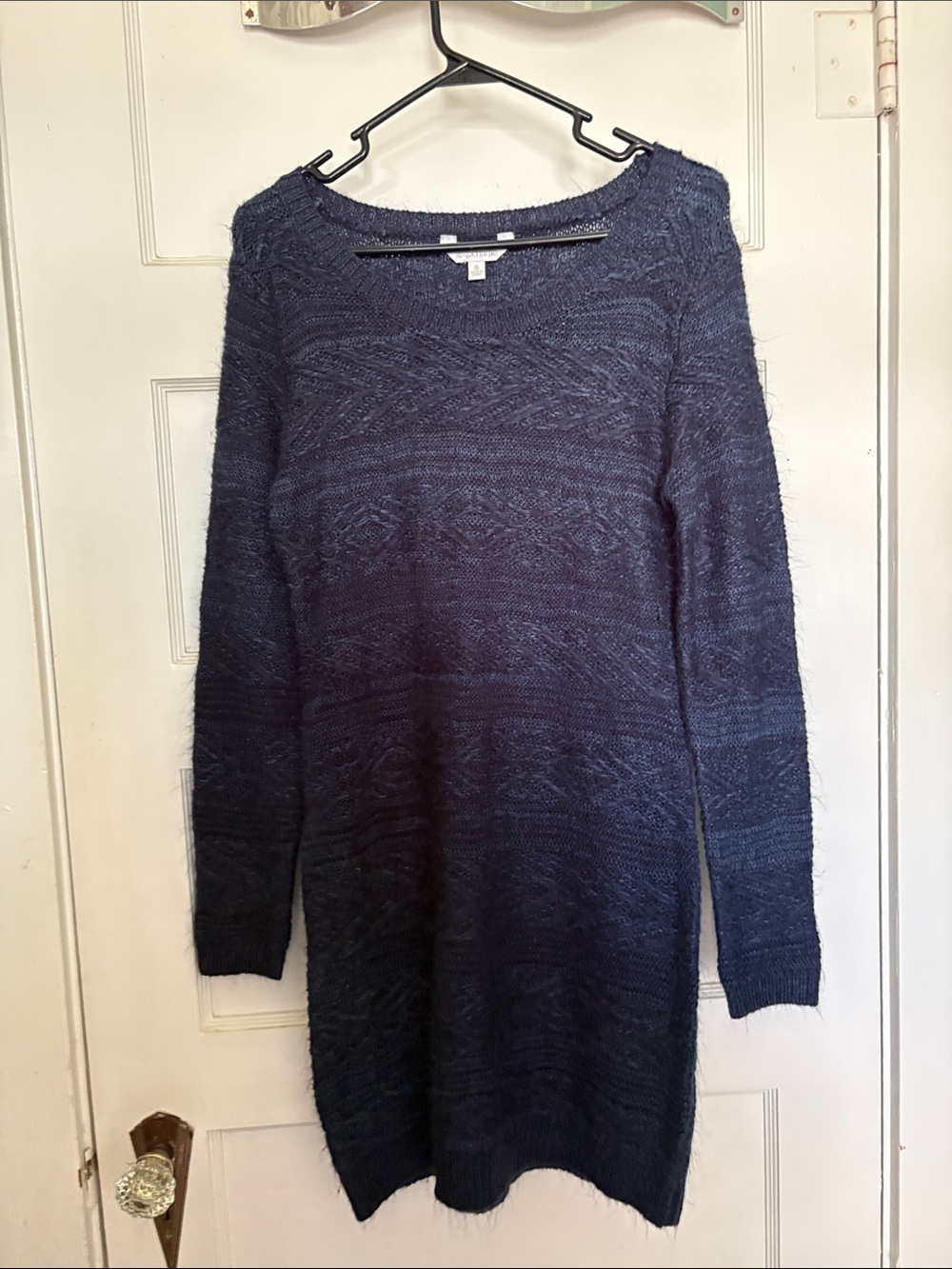 Charming Charlie Cozy Fuzzy Navy Blue Sweater Dress Long Sleeve Knit Size S